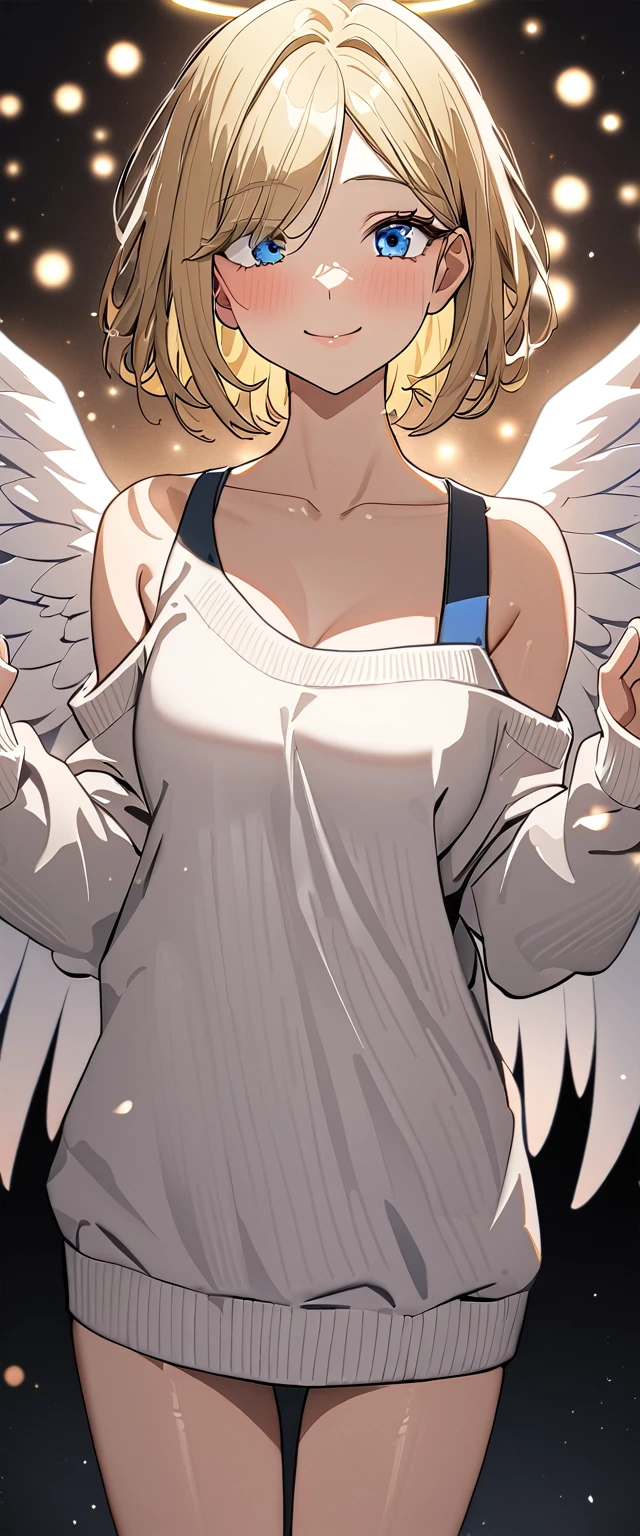 (((One girl))), (((cowboy shot))), ((flying)), ((angel, big big white wings:1.2, halo:1.3)), Uriel, ((wavy hair, outward curled hair)), evening, Sunset, ((blond hair, bob cut:1.3)), breasts, teenager, (looking at viewer), oversized clothes, puffy long sleeves, collarbone, ((off-shoulder sweater dress:1.3, Quite thick shoulder straps)), (((sleeves past wrists:1.3))), ((white sweater)), collarbone, head tilt:1.3, (((blue eye))), ((happy smile)), (((anime style))), (best quality, 4K, 8K, highres, masterpiece:1.2, ultra-detailed, ultra-detailed eyes, HDR, uhd, studio lighting, ultra-fine painting, sharp focus, physically-based rendering, extreme detail description, professional, vivid colors, bokeh), ((Highest quality, Best image quality, Ultra-high resolution, Ultra-high resolution, solo, Strong eye highlights)), Depth of written boundary, Natural soft light, attractive, Beautiful Face, Cleanliness, Pure Face, medium chest, Beautiful Face, Perfect Fingers, Perfect hands, Perfect body, Perfect Face, Shine a light into your eyes, Perfect Anatomy