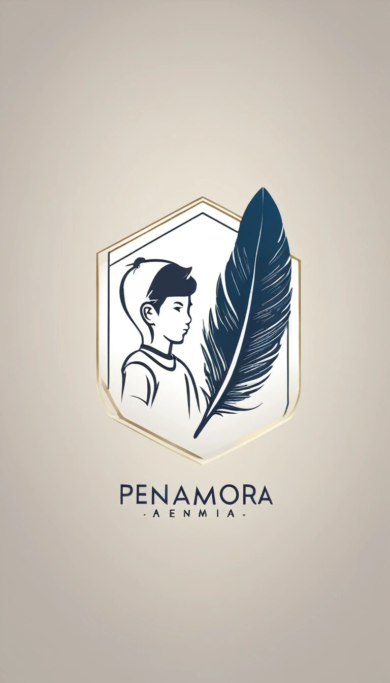 Create a minimal, modern, simple, inspirational, memorable, dream like logo design of a boy and a feather for the brand “Penamemoria".