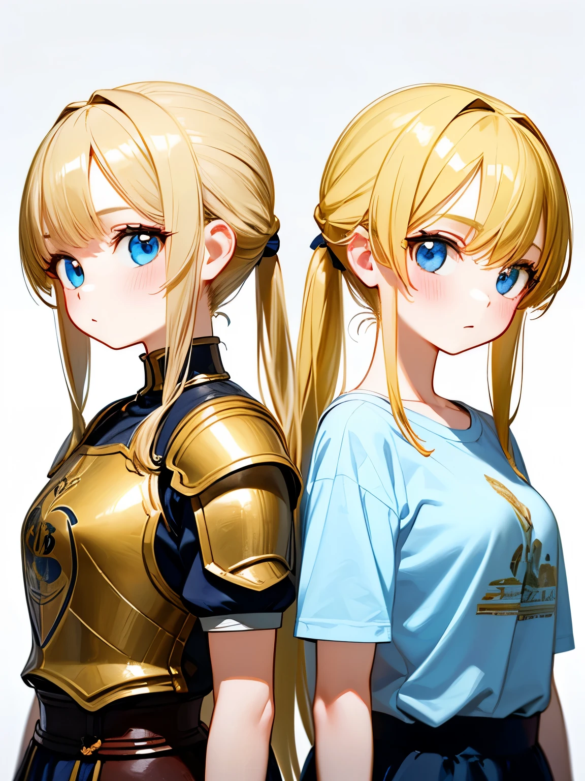 Masterpiece,best quality,ultra detailed, Two women, blonde, ponytailed, twins, identical faces, one wearing beautiful armor, one wearing a silly t-shirt, standing side by side, upper body, image divided by a line in the middle,