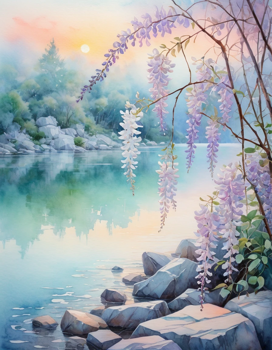 delicate white blooming wisteria on the shore, mint lake with waves, white granite stones, Pastel shades, peach sunset, fog, Stepan Kolesnikov, watercolor, glow