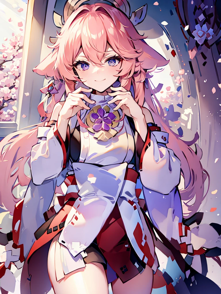 ((best quality)), 1girl, pink hair, high school, white uniform, Japanese, classroom, blue ambience, looking at the window, smile