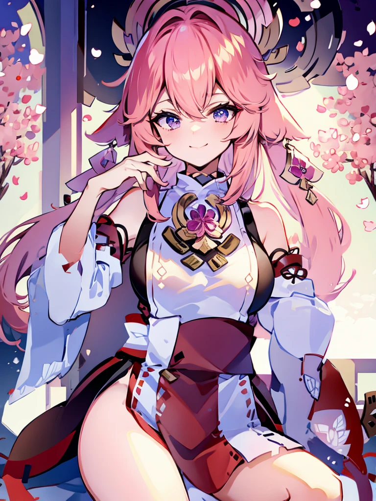 ((best quality)), 1girl, pink hair, high school, white uniform, Japanese, classroom, blue ambience, looking at the window, smile
