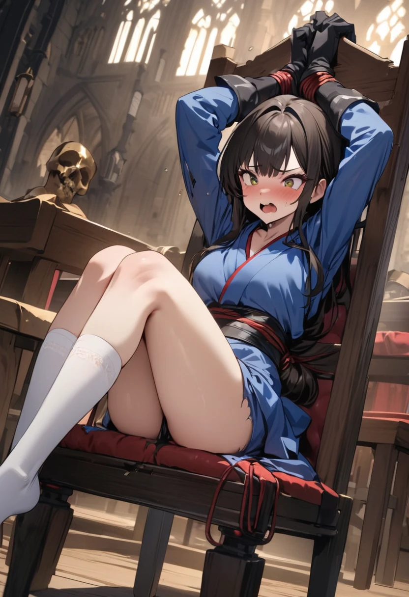 masterpiece, Highest quality, High resolution, Kasumi, dead_Gold_alive、Blue kimono 、Knee-high socks、Long gloves、Dark Church、Sitting in a chair and being restrained、Wriggle your body、Your clothes are torn