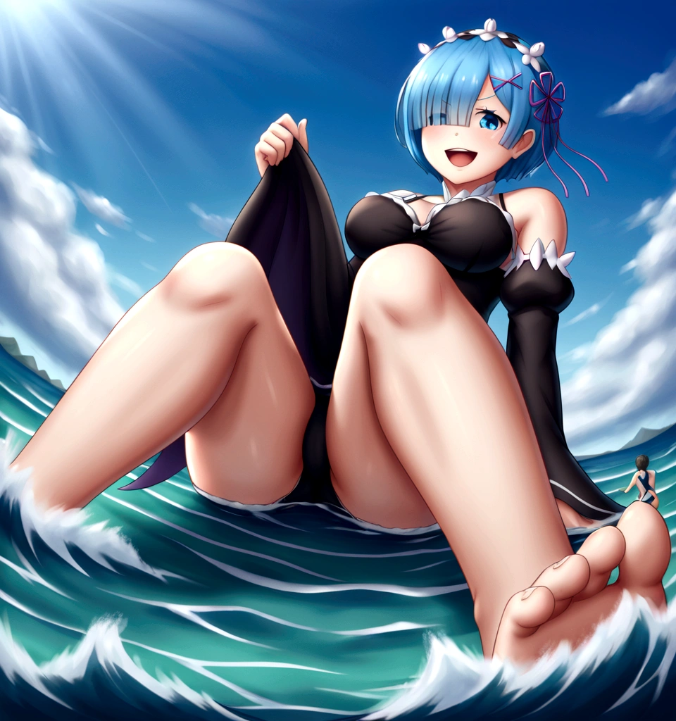 anime giantess,swimming giant monster girl, laughing out loud,Tentacles,looking down,storm sea,giant wave,sinking ship, epic,serious situation,giantess,giantess art work、Re:Zero、Rem、full body