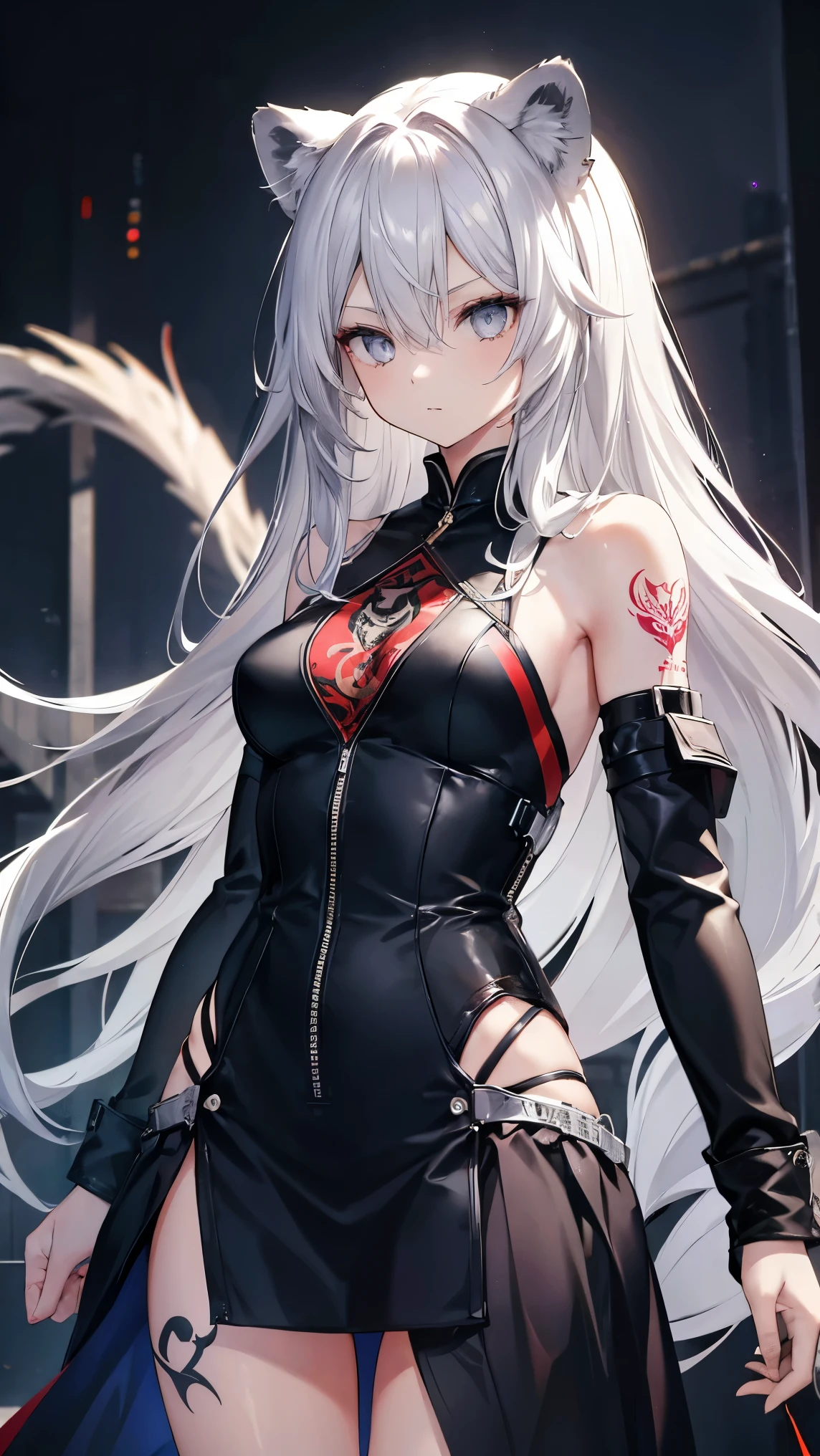 High resolution、Girl、Silver Hair、Long Hair,(),Lion ears、Grey Eyes、Slender、Toned body、Assassin,Tattoo,