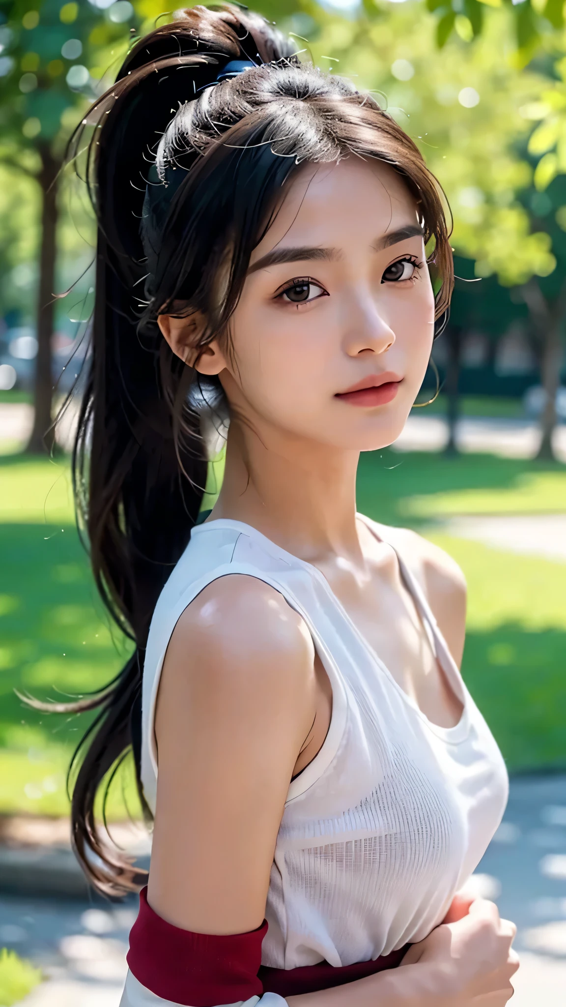 dress,outdoors,Urban Park,On the lawn,One woman,close up face,fully body photo,masutepiece, The highest image quality, High quality, the background is clear,Beautiful woman, Japanese, Detailed, Ultra-detailed, finely detail, hight resolution, 8K Wallpaper, Perfect dynamic composition, Beautiful detailed eyes ,Detailed eyes, Detailed skin, Beautiful skin, 超hight resolution, (reality: 1.4),Very beautiful woman, Slightly younger face, Beautiful skin, slender, (Ultra photo realsisim), (hight resolution), (8K), (Very detailed) (beautifully detailed eyes), (super detailed), (Detailed face), view the viewer, Fine details, Detailed face, Staring straight ahead, Staring straight ahead, photos realistic, Bright lighting, Professional Lighting, Black hair,poneyTail,a baby face,sixteen years old,Hairstyle: ponytail,Long ponytail hairstyle,slight smile,