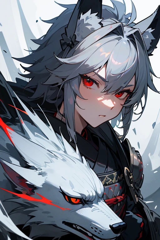 masterpiece、Wolf Knight, Fine Armor, Intricate Design, Silver, silk,8K, sharp、View your viewers、Red eyes、Create with this image in mind、(Samurai Armor)、Transform into a wolf、Maintain an image、(The Face Is a Wolf).