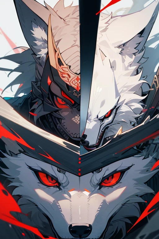 masterpiece、Wolf Knight, Fine Armor, Intricate Design, Silver, silk,8K, sharp、View your viewers、Red eyes、Create with this image in mind、(Samurai Armor)、Transform into a wolf、Maintain an image、(The Face Is a Wolf).