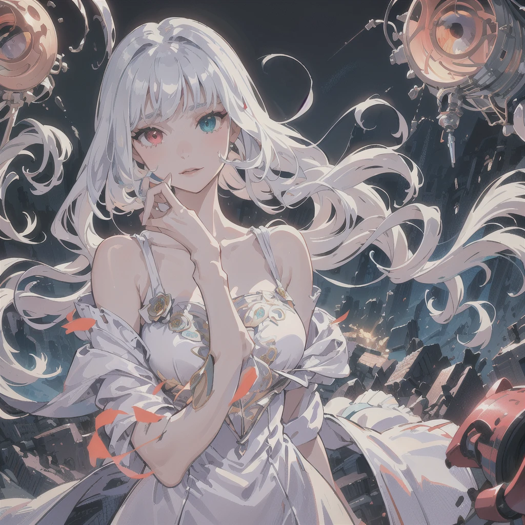 masterpiece, best quality, movie still, 1girl, cloud girl, floating in the sky, close-up, bright, happy, warm soft lighting, sunset, (sparks:0.7)
Silver long straight hair, hair strictly cutted, hair strictly straight, bangs strictly straight
(((Heterochromia eyes)))
(((Red light rose right eye)))
(((Silver green left eye)))
(((High detailed eyes, high detailed face, high detailed hair)))