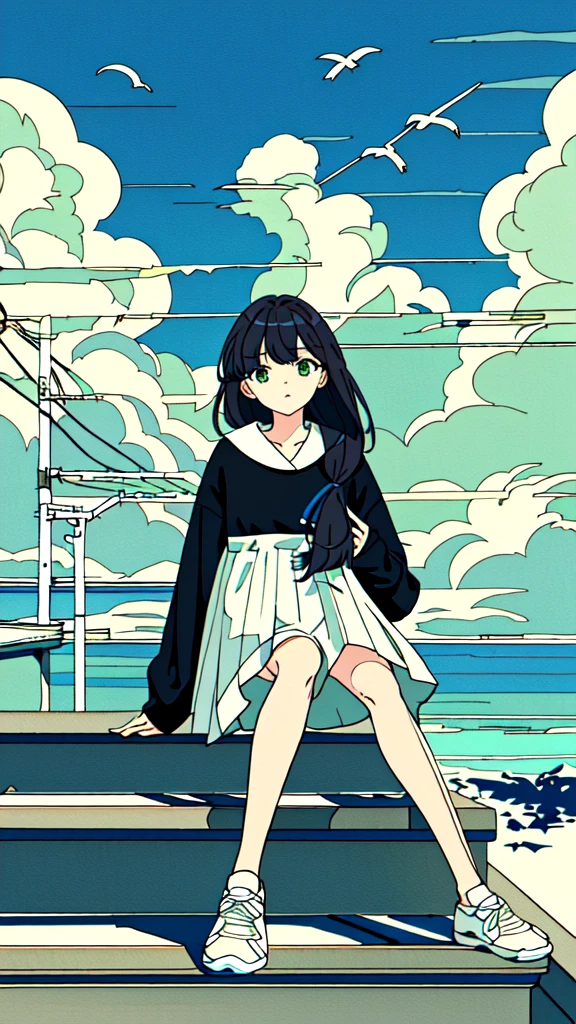 masterpiece, Exquisite detail,Highest quality, One girl, alone, handrail, cloud, Sitting, Outdoor, whale, Long Hair, shoes, null, Long sleeve, sneakers, Power lines, White footwear, Black Hair, View your viewers, Electric pole, bangs, cloudy null, fish, bird, Green Eyes, Shorts, animal, Day, Black Shirt, barefoot