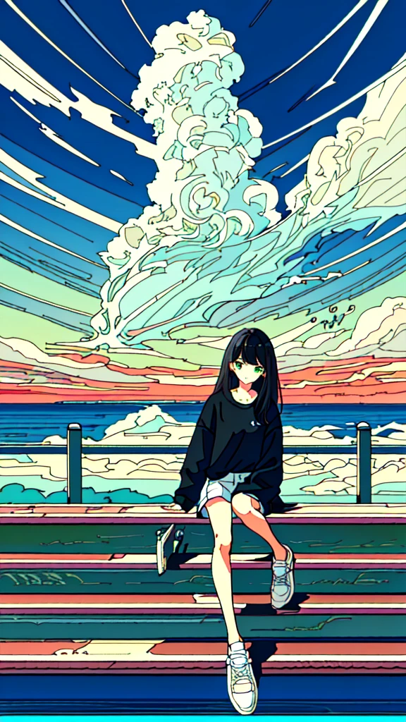 masterpiece, Exquisite detail,Highest quality, One girl, alone, handrail, cloud, Sitting, Outdoor, whale, Long Hair, shoes, null, Long sleeve, sneakers, Power lines, White footwear, Black Hair, View your viewers, Electric pole, bangs, cloudy null, fish, bird, Green Eyes, Shorts, animal, Day, Black Shirt, barefoot