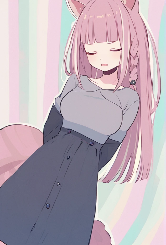 anime,(pale colors:1.8),long shot, 1girl, (on right:1.3), face closed up, solo, cat mouth, dynamic angle, jitome, bad mood, fang, pink hair, long hair, straight hair, racoon ears, racoon tail, (brown streaked hair:1.3), side braid, (blunt bangs) ,thick eyebrows, big breast, off shoulder clothes, cutout, striped background, shadow,