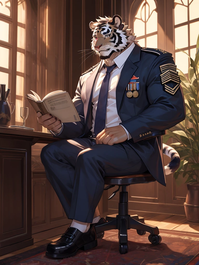 {{bara extremely handsome white tiger,}} {{white fur,}} white, wearing military like purple trench coat purple trousers and white dress shirt and necktie, white fluffy furry body and limbs, loafers, very tall, very broad shoulders, narrow waist, muscular arms, massive pecs, purple eyes, very long legs, sitting cross legged on swivel chair, reading file, sophisticated smart look, full body, best quality, high quality, silver earring on left ear, dead stare, cold expression