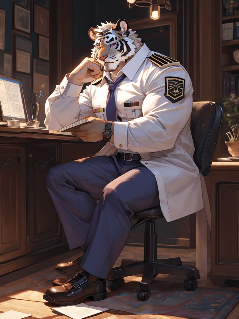 {{bara extremely handsome white tiger,}} {{white fur,}} white, wearing military like purple trench coat purple trousers and white dress shirt and necktie, white fluffy furry body and limbs, loafers, very tall, very broad shoulders, narrow waist, muscular arms, massive pecs, purple eyes, very long legs, sitting cross legged on swivel chair, reading file, sophisticated smart look, full body, best quality, high quality, silver earring on left ear, dead stare, cold expression