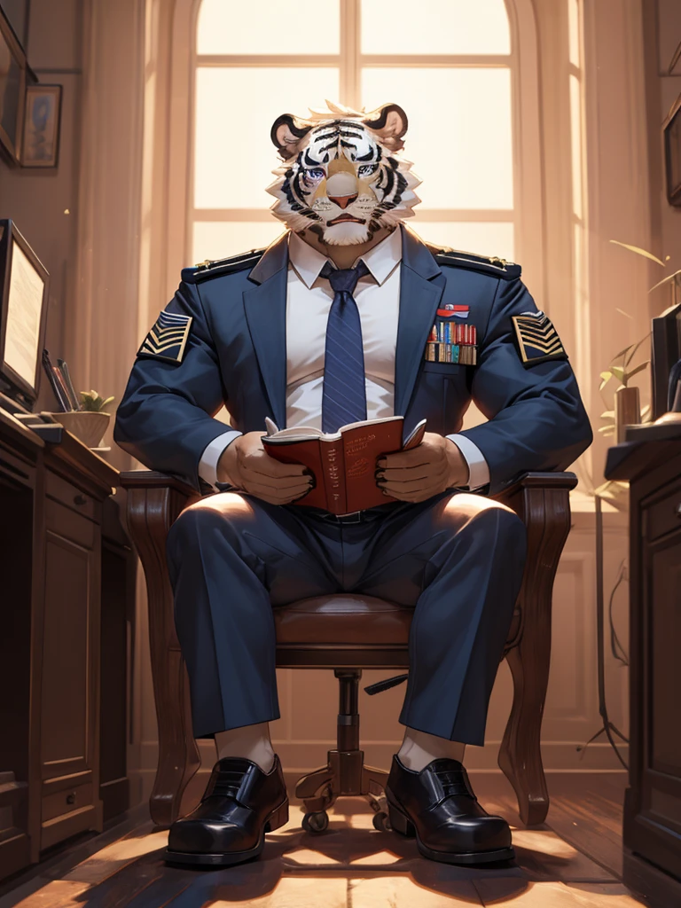{{bara extremely handsome white tiger,}} {{white fur,}} white, wearing military like purple trench coat purple trousers and white dress shirt and necktie, white fluffy furry body and limbs, loafers, very tall, very broad shoulders, narrow waist, muscular arms, massive pecs, purple eyes, very long legs,  sitting cross legged on swivel chair, reading file, sophisticated smart look, full body, best quality, high quality, silver earring on left ear, dead stare, cold expression