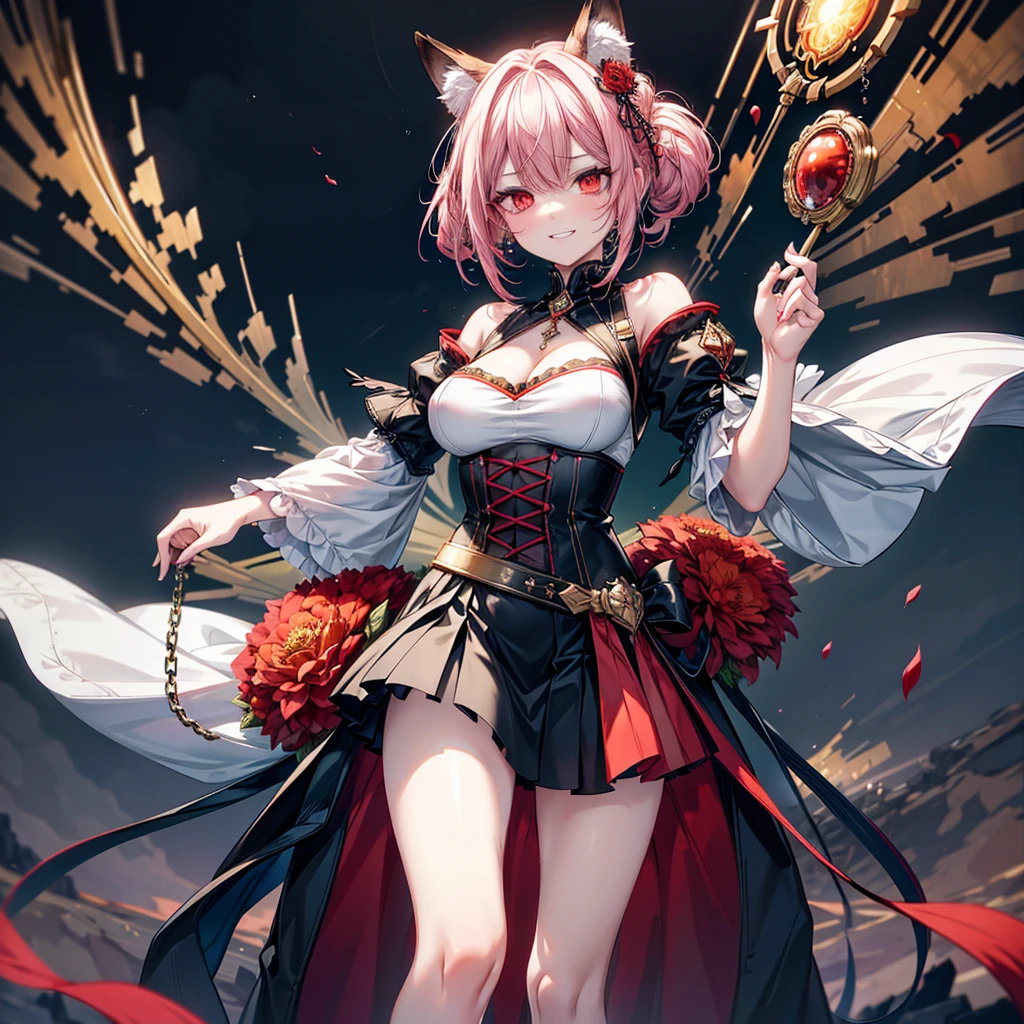((Highest quality)), ((masterpiece)), (detailed), (very short hair), ((nsfw)), standing, yandere, evil grin, blush, (blood), (pussy)

Create an image of a ruthless female character named Calamity Ignis, belonging to the Versatile Order. She has a striking and menacing appearance with an aura of danger. Her hair is long and vibrant, resembling fireworks, with a mix of bright colors like red, orange, and yellow. Her eyes are sharp and predatory, glowing with a sinister light. She has a lithe and athletic build, with an air of agility and strength. Her cheeks are slightly flushed, and she has a wicked smile on her face, showing her delight in the chaos she causes.

Background: Set in a mystical, swirling vortex of energy with floating red threads and glowing symbols, creating an otherworldly atmosphere.

Pose and Expression: She stands confidently, holding a deadly weapon like a spiked chain or dual blades, ready for combat. Her expression is a mix of cruelty and delight, with flushed cheeks and a wicked smile that shows she enjoys the chaos and destruction she causes. Her eyes should reflect a sense of malicious joy, and her posture should convey readiness for action.

Outfit: Inspired by the provided image, she wears a detailed bodice with intricate gold embroidery and vibrant red and orange accents. The outfit includes a short skirt with high slits, revealing long, flowing ribbons and decorative elements. She has a fox mask as an accessory and other ornate decorations like flowers. Her outfit should have a mix of traditional and modern elements, combining intricate patterns with sharp armor pieces.

Additional Details: Her weapons should be detailed and menacing, reflecting her brutal nature. The spiked chain or dual blades should have intricate designs and a realistic, lethal appearance. The background should enhance her dangerous aura, with dramatic lighting and shadows that highlight her menacing presence. Her overall appearance should be dynamic and unsettling, capturing her ruthless and