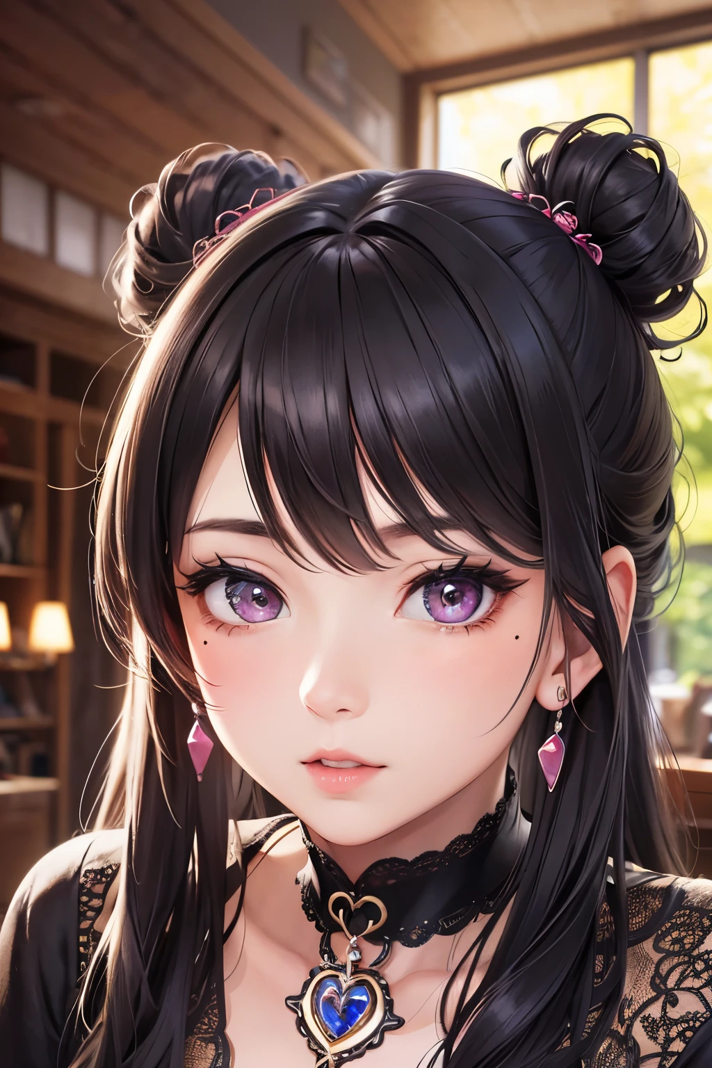 masterpiece, best quality, highly detailed, high resolution, expensive resolution, high resolution, 4K, 8k, Unity 8k wallpaper, highly detailed CG, masterpiece, 2D, 3D, beautiful details, depth, fine texture, best quality: 1.3, perfect focus, crispy skin, him, very cute, one 20-something girl, before a date with him, enjoying fashion, short twin tails, mole under eye, looking at the viewer, expensive, blush, mole, parted lips, heart, pink eyes, choker