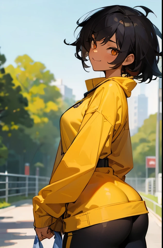(masterpiece:1.2), (best quality:1.2), tomboyish young woman, very pretty, short messy black hair, pretty orange eyes, tanned skin, yellow long sleeve sweatshirt, black sports pants covering her leg, black socks , (strong natural body), beauty body but not very y, medium titatural curves, natural butt, mievous smile, walking through an everyday park, looking at the viewer.