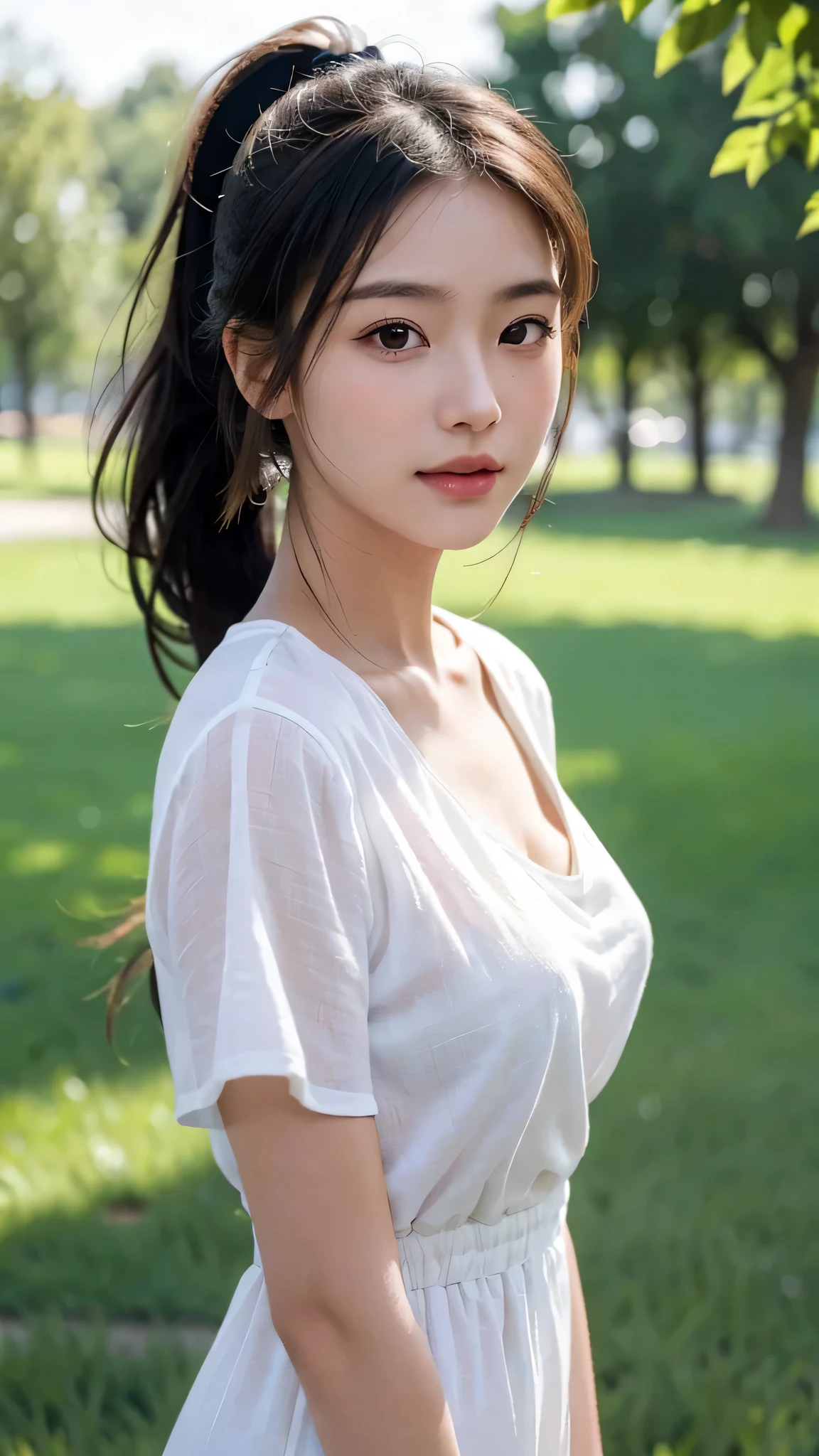 dress,outdoors,Urban Park,On the lawn,One woman,close up face,fully body photo,masutepiece, The highest image quality, High quality, the background is clear,Beautiful woman, Japanese, Detailed, Ultra-detailed, finely detail, hight resolution, 8K Wallpaper, Perfect dynamic composition, Beautiful detailed eyes ,Detailed eyes, Detailed skin, Beautiful skin, 超hight resolution, (reality: 1.4),Very beautiful woman, Slightly younger face, Beautiful skin, slender, (Ultra photo realsisim), (hight resolution), (8K), (Very detailed) (beautifully detailed eyes), (super detailed), (Detailed face), view the viewer, Fine details, Detailed face, Staring straight ahead, Staring straight ahead, photos realistic, Bright lighting, Professional Lighting, Black hair,poneyTail,a baby face,sixteen years old,Hairstyle: ponytail,Long ponytail hairstyle,slight smile,