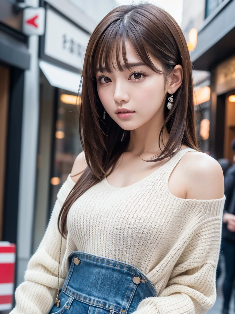 Ultra-high resolution, Superior Quality, Highest quality, Super detailed, Realistic, 8K, RAW Photos, Highest quality, masterpiece, Attractive girl, A wonderful girl, Brown Hair, Shoulder-length layered, Asymmetrical bangs, K-Pop Idols, Sophisticated, stylish, White knit, Shibuya Ward, 