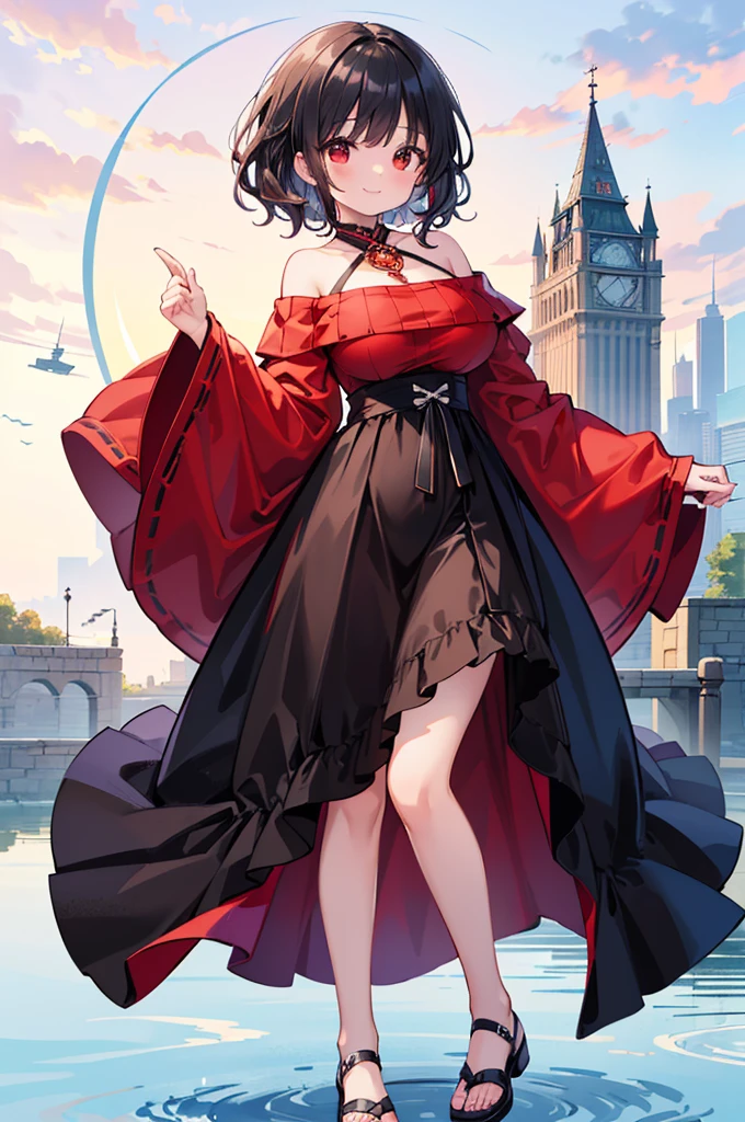 Fantasy,((Masterpiece)),((high resolution)),((Best Quality)),Anime illustration,(((1girl))),(wavy hair),(short hair),(black hair color),small ponytail,Red eyes,(Big round eyes),((tareme)),15 years old,((baby face)),((very big breasts)),Short stature,,Off-the-shoulder sweater,(long maxi skirt),smile,Ladylike,