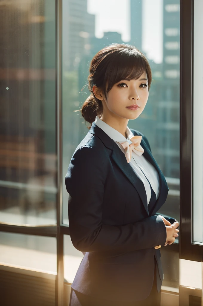 One girl, Mature Woman, Best, bow, Highest quality, employment, Detailed face, office, Building seen from the window, Detailed Background, Diffused sunlight, Depth of written boundary, Bokeh