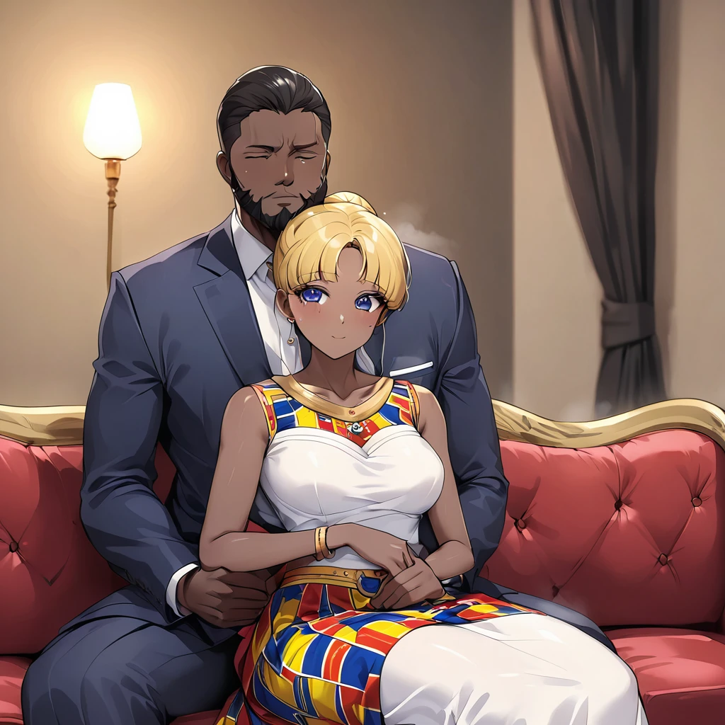 ((Highest quality)), ((masterpiece)), (detailed), （Perfect Face）、The woman is a Ghanaian black woman named Tsukino Usagi with vivid dark skin. She is wearing the gorgeous, colorful, glittering Ghanaian traditional kente dress in a luxurious Ghanaian mansion, with gorgeous jeweled accessories and an engagement ring. The man and woman are sitting on a luxurious, large sofa in a luxurious room, and the woman is being held in the arms of a dignified, strong-willed, middle-aged Ghanaian man wearing Ghanaian traditional dress.、The woman is the elegant Tsukino Usagi, with long blonde hair in a chignon twin tail, and a vivid dark-brown skin wearing the colorful Ghanaian national dress, Kente.、（The woman is a black Ghanaian with vivid dark brown skin.）、The man is a dignified, sturdy, bearded Ghanaian man wearing the Ghanaian national dress, Kente.