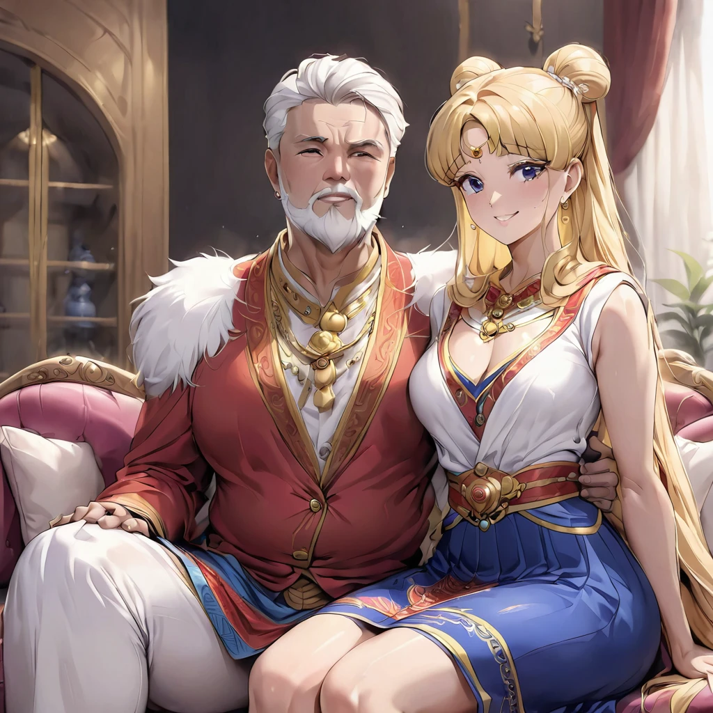 ((Highest quality)), ((masterpiece)), (detailed), （Perfect Face）、The woman is Mongolian Tsukino Usagi, wearing a gorgeous and colorful Mongolian national dress called Dale in a Mongolian mansion, with gorgeous jeweled accessories and an engagement ring. The woman and the man are sitting on a luxurious, large sofa in the luxurious room, and the woman is being held in the arms of a dignified, bearded, middle-aged Mongolian man wearing a Mongolian national dress.、The woman is the elegant Tsukino Usagi, with her long blonde hair in a chignon twin tail, and wearing the colorful Mongolian national costume, the Mongolian Tsukino Usagi.、The man is a dignified, sturdy, bearded Mongolian man wearing Mongolian national dress.