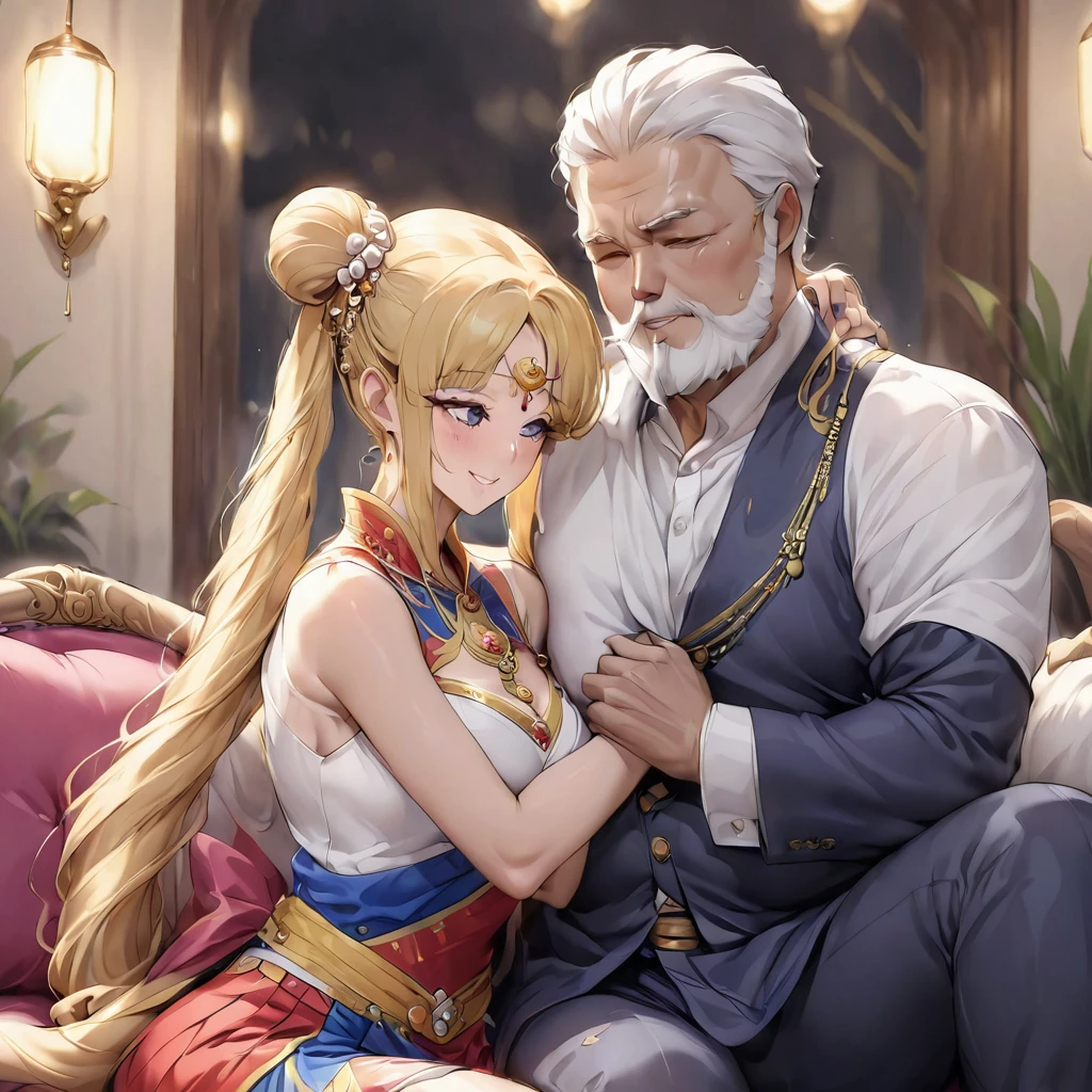 ((Highest quality)), ((masterpiece)), (detailed), (Perfect Face)、The woman is Mongolian Tsukino Usagi, wearing a gorgeous and colorful Mongolian national dress called Dale in a Mongolian mansion, with gorgeous jeweled accessories and an engagement ring. The woman and the man are sitting on a luxurious, large sofa in the luxurious room, and the woman is being held in the arms of a dignified, bearded, middle-aged Mongolian man wearing a Mongolian national dress.、The woman is the elegant Tsukino Usagi, with her long blonde hair in a chignon twin tail, and wearing the colorful Mongolian national costume, the Mongolian Tsukino Usagi.、The man is a dignified, sturdy, bearded Mongolian man wearing Mongolian national dress.