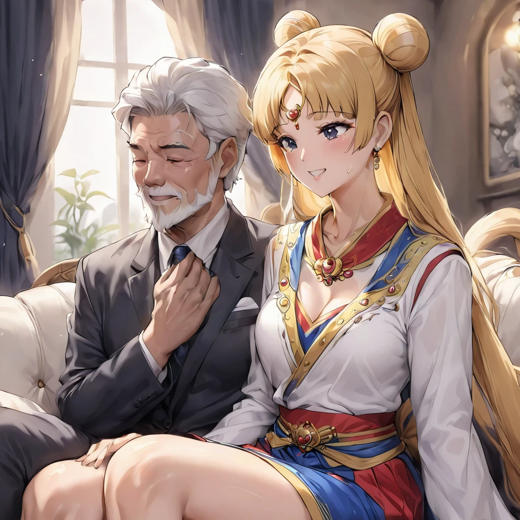 ((Highest quality)), ((masterpiece)), (detailed), (Perfect Face)、The woman is Mongolian Tsukino Usagi, wearing a gorgeous and colorful Mongolian national dress called Dale in a Mongolian mansion, with gorgeous jeweled accessories and an engagement ring. The woman and the man are sitting on a luxurious, large sofa in the luxurious room, and the woman is being held in the arms of a dignified, bearded, middle-aged Mongolian man wearing a Mongolian national dress.、The woman is the elegant Tsukino Usagi, with her long blonde hair in a chignon twin tail, and wearing the colorful Mongolian national costume, the Mongolian Tsukino Usagi.、The man is a dignified, sturdy, bearded Mongolian man wearing Mongolian national dress.