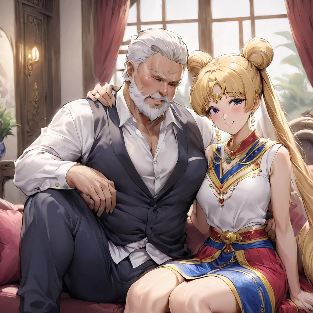 ((Highest quality)), ((masterpiece)), (detailed), (Perfect Face)、The woman is Mongolian Tsukino Usagi, wearing a gorgeous and colorful Mongolian national dress called Dale in a Mongolian mansion, with gorgeous jeweled accessories and an engagement ring. The woman and the man are sitting on a luxurious, large sofa in the luxurious room, and the woman is being held in the arms of a dignified, bearded, middle-aged Mongolian man wearing a Mongolian national dress.、The woman is the elegant Tsukino Usagi, with her long blonde hair in a chignon twin tail, and wearing the colorful Mongolian national costume, the Mongolian Tsukino Usagi.、The man is a dignified, sturdy, bearded Mongolian man wearing Mongolian national dress.