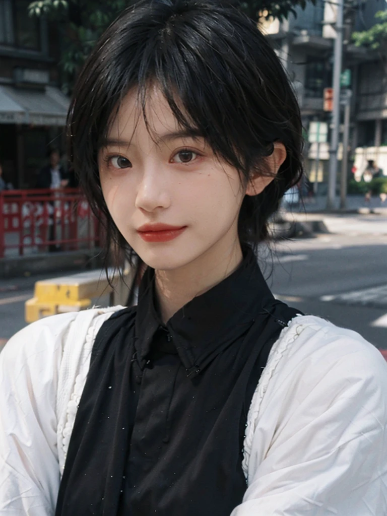 (Skin details:1.4), (smooth skin textures:1.3), (Upper body:1.4),(Upper Body:1.3),(Black clothes:1.4),Lipstick, background, earrings, serene, calm, (Realistic and detailed eyes:1.2), Natural skin texture, Realistic facial details, Soft dramatic lighting, Vivid details, 35 mm film, outdoor, (Photo Practical:1.4), (hyper Practical:1.4), (Practical:1.3), (Smoother lighting:1.05), (Improve lighting quality:0.9), (Highest quality real skin textures:1.4), Exquisite eyes, Delicate face, Close-up of face, (Enhance the beauty of skin texture:1.1),0Normal body proportions, short hair, Moles under the eyes, A faint smile,Portrait Photography, Depth of Field, Bokeh, Surrealism, Ray Tracing, (Portrait Photography:1.1), Surrealism, High Detail, Chiaroscuro, Ray Tracing, reflected light, Ultra HD, Ultra HD, masterpiece, Textured Skin, Super Detail, High Detail, high quality, best quality