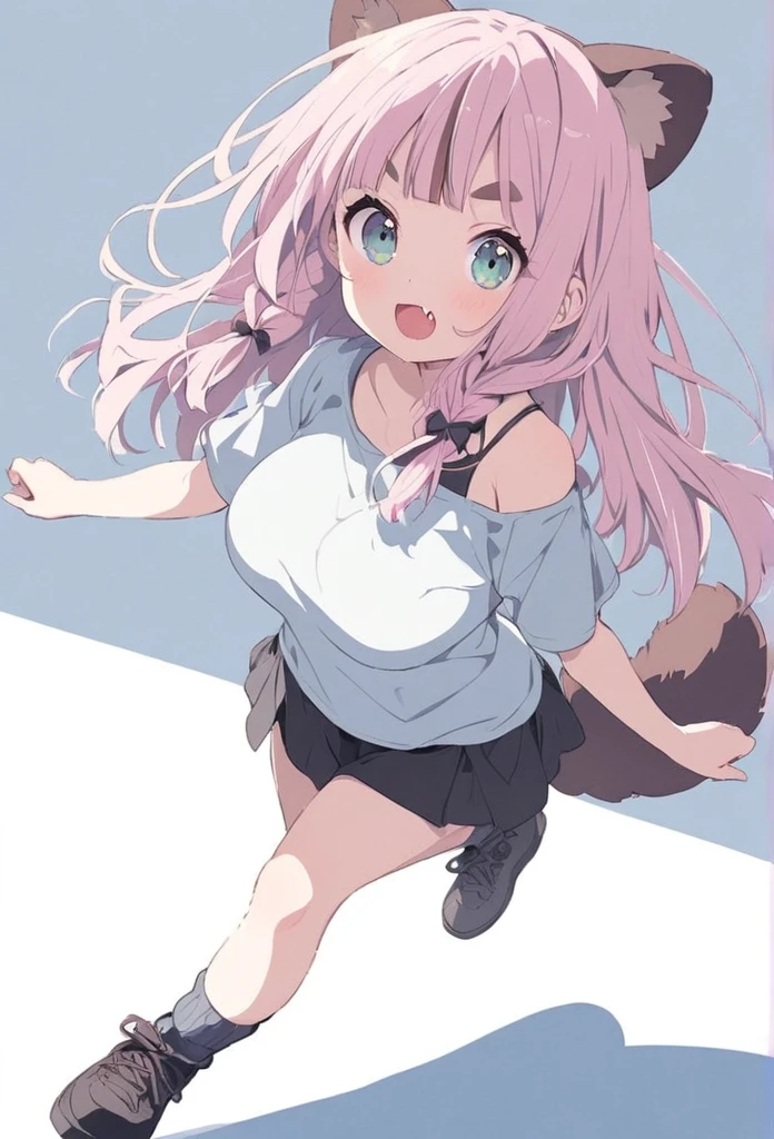 anime,(pale colors:1.8),long shot, 1girl, (on right:1.3), full body, solo, cat mouth, dynamic angle, stretch long, fang, pink hair, long hair, straight hair, racoon ears, racoon tail, (brown streaked hair:1.3), side braid, (blunt bangs) ,thick eyebrows, big breast, off shoulder clothes, cutout, striped background, shadow,