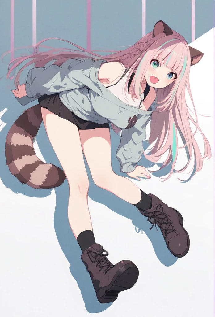 anime,(pale colors:1.8),long shot, 1girl, (on right:1.3), full body, solo, cat mouth, dynamic angle, stretch long, fang, pink hair, long hair, straight hair, racoon ears, racoon tail, (brown streaked hair:1.3), side braid, (blunt bangs) ,thick eyebrows, big breast, off shoulder clothes, cutout, striped background, shadow,