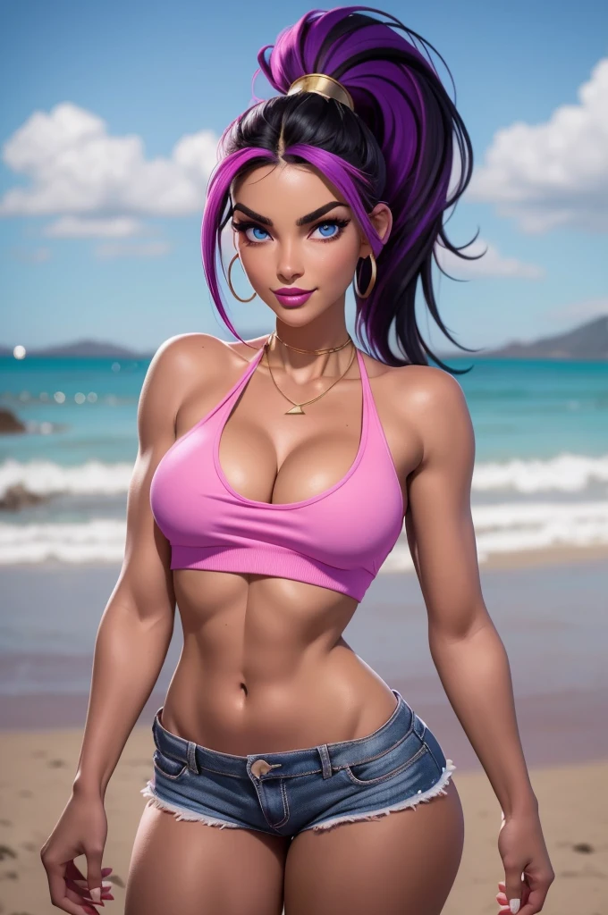 beautiful, 26 year old girl, slim body, (black hair [purple highlights]), blue eyes, pink lipstick, mascara, blush, beautiful eyebrows, white crop top hoodie, soft skin, gold necklace, ponytail, short shorts, smirk, on the beach, (full body shot), looking back at the viewer