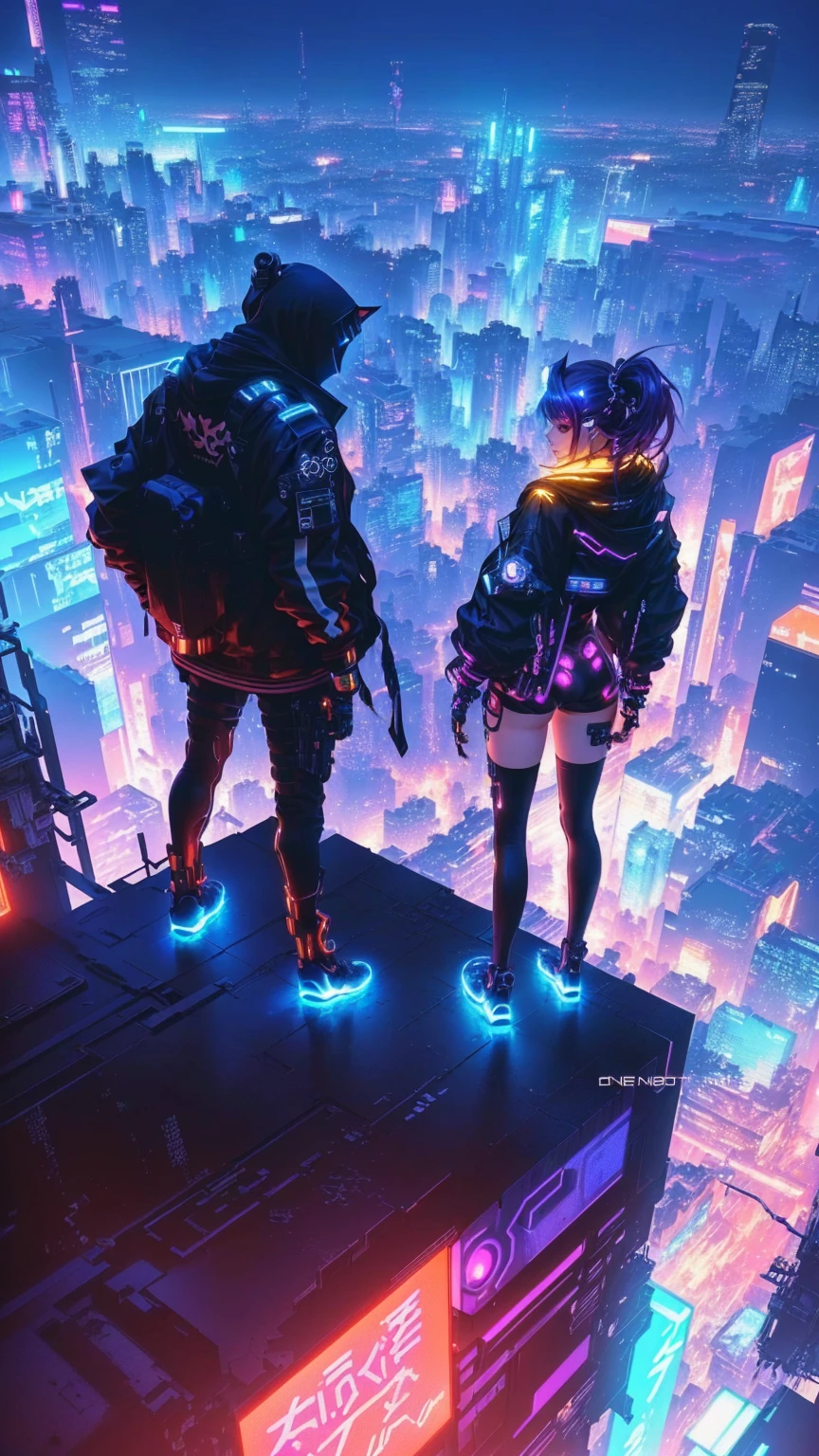 Highest quality, masterpiece, Ultra-high resolution,Two people standing on a ledge overlooking the city at night, cyber punk vibe, cyber punk art style, cyber punk vibes, digital cyber punk - anime art, cyber punk themed art, cyber punk anime art, digital cyber punk anime art, in cyber punk style, cyber punk artstyle, has cyber punk style, anime cyber punk art, in cyber punk city, cyber punk art, cyber punk))), cyber punk style, style of cyber punk