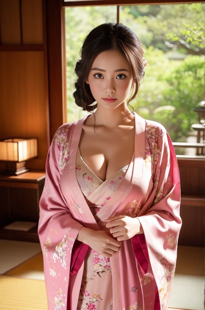 Large Breasts、pink kimono、Cinematic atmosphere、Professional composition、Natural Body、fantasy,flower arrangement、tatami、looking at the camera、real、nature