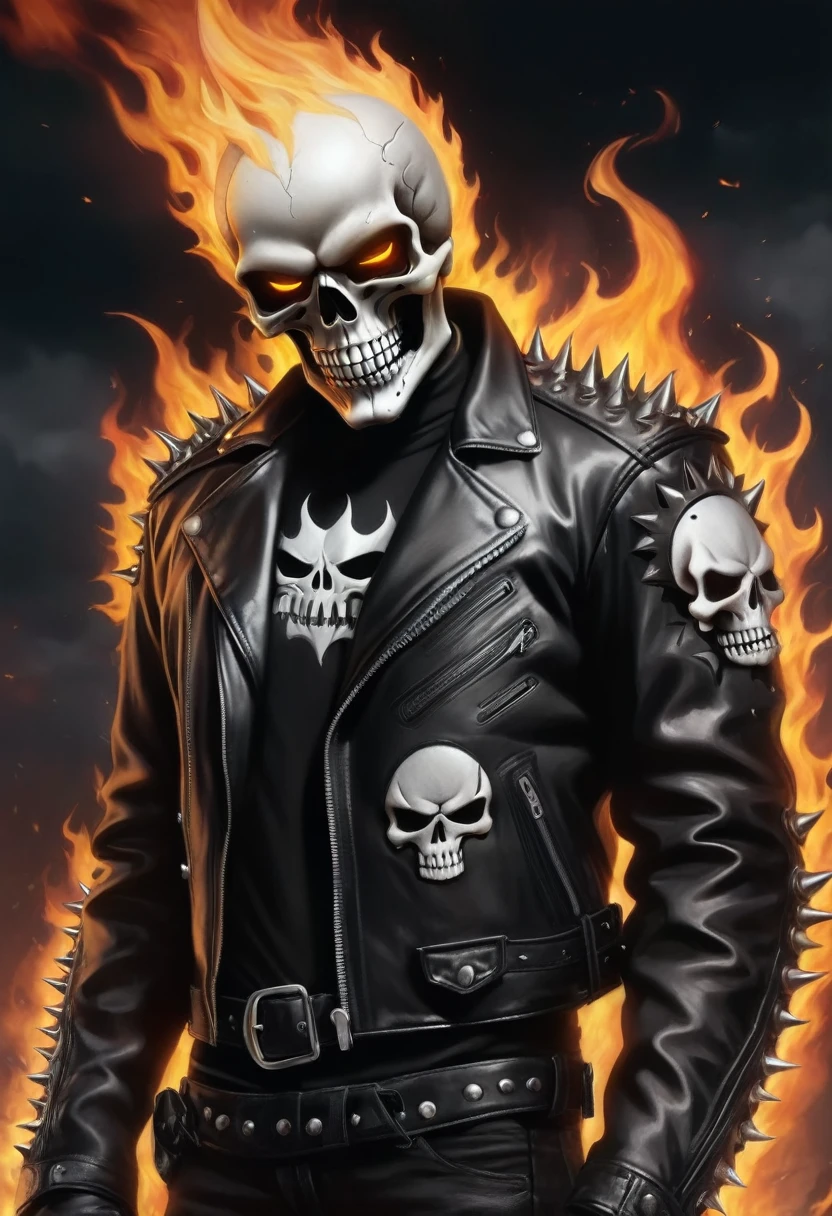 ghost biker, skull on fire, beautiful black leather jacket with shiny iron spikes on the shoulders, skull smiles.