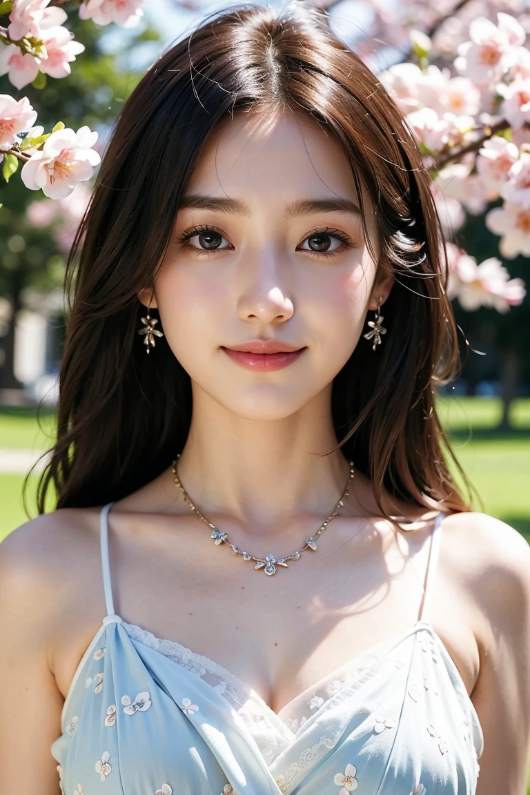 Pale face:1.3、Super thin face:1.3, (Very big round eyes:1.5)、 (blown eyes:1.5), master piece、8K, {highest quality}, {{masterpiece}}, {very delicate and beautiful}, outstanding light and shadow, highly detailed wallpaper, clear and bright sunlight, Full body: 1 girl, , blush、茶Farbeのショートボブヘア, strong sunlight, (Girly Style Fashion:1.5), delicate hair, B cup breasts, shiny skin, Realistic human skin texture, visible wrinkles on the skin., broad shoulders,window, ((a strong light shines on your face)), Farbe々take a pose:1.5, necklace、ring、earrings、Toothless smile:1,5, A park with cherry blossoms in full bloom
