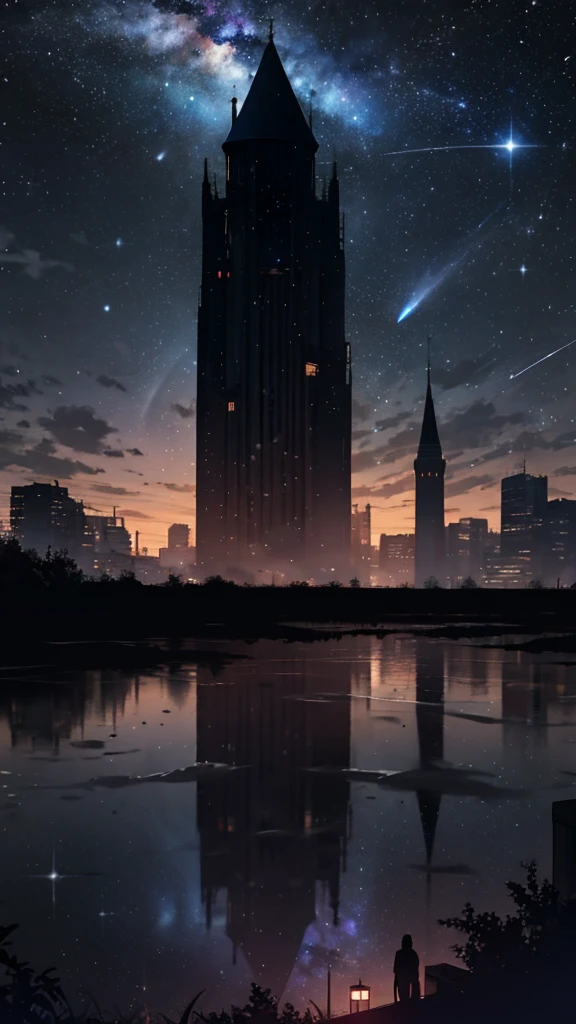 null, star (null), scenery, stary null, night, dark, night null, alone, Outdoor, building, cloud, milky way, Sitting, wood, Long Hair, city, silhouette, ctiyscape
