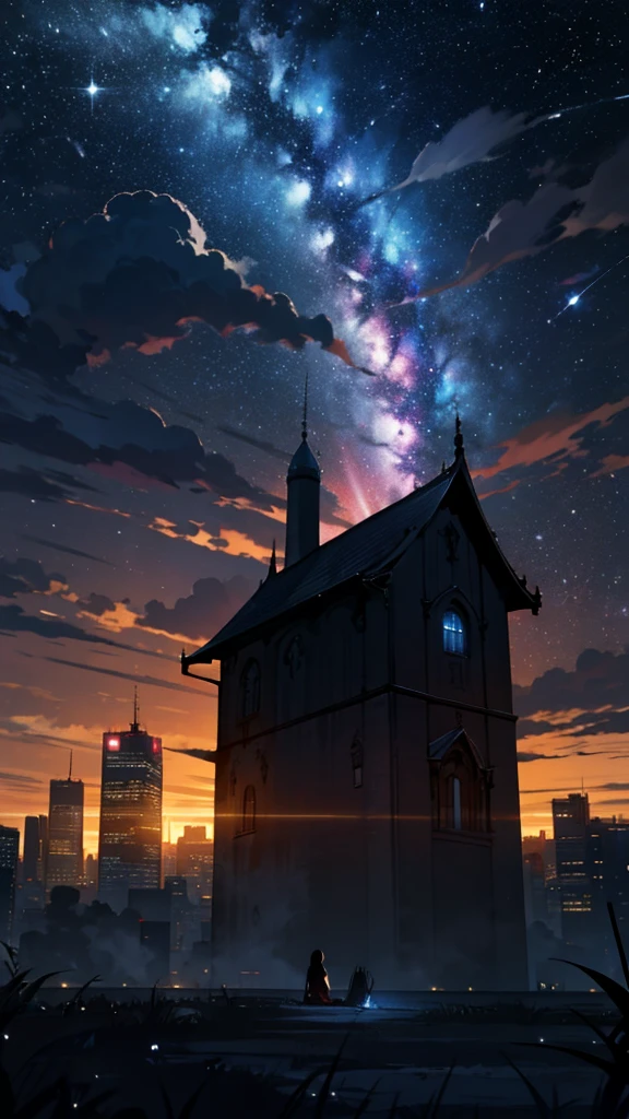 null, star (null), scenery, stary null, night, dark, night null, alone, Outdoor, building, cloud, milky way, Sitting, wood, Long Hair, city, silhouette, ctiyscape