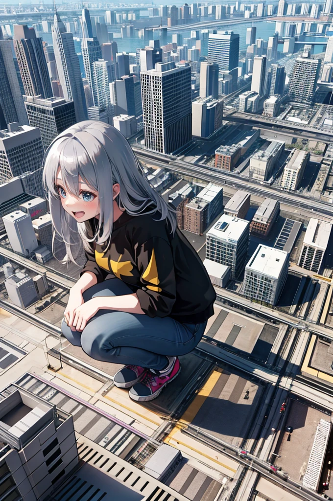(realistic photo:1.0), (realistic:1.0), 3d, (best quality, Ultra Detailed:1.3), sharp focus, vivid color, 
 (1girl, solo:1.3), balanced eyes, (loud laughter:1.0), golden hair, (silver casual clothes:1.2), Cityscape, gts, from above, full body, squat,