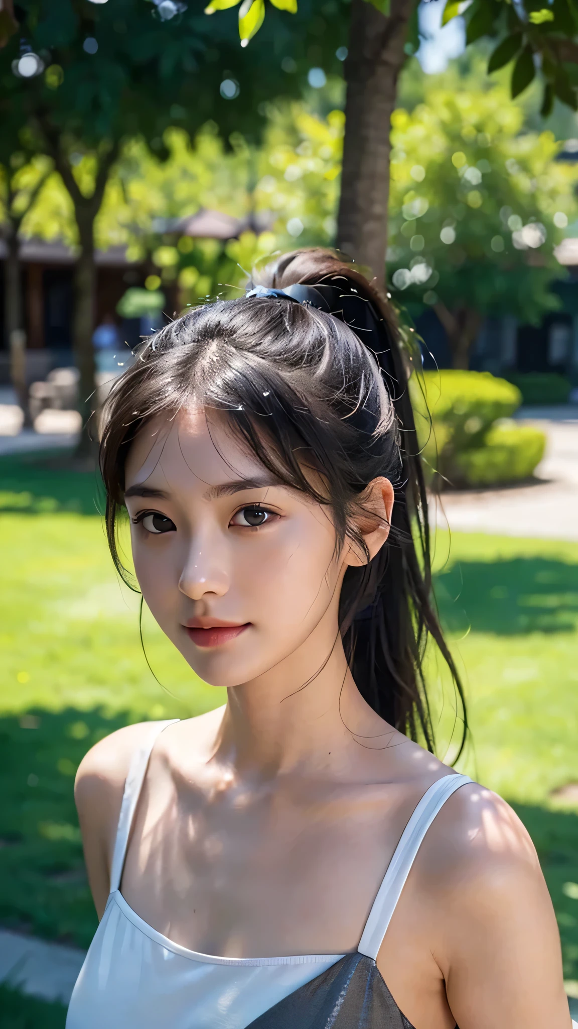 dress,outdoors,Urban Park,On the lawn,One woman,close up face,fully body photo,masutepiece, The highest image quality, High quality, the background is clear,Beautiful woman, Japanese, Detailed, Ultra-detailed, finely detail, hight resolution, 8K Wallpaper, Perfect dynamic composition, Beautiful detailed eyes ,Detailed eyes, Detailed skin, Beautiful skin, 超hight resolution, (reality: 1.4),Very beautiful woman, Slightly younger face, Beautiful skin, slender, (Ultra photo realsisim), (hight resolution), (8K), (Very detailed) (beautifully detailed eyes), (super detailed), (Detailed face), view the viewer, Fine details, Detailed face, Staring straight ahead, Staring straight ahead, photos realistic, Bright lighting, Professional Lighting, Black hair,poneyTail,a baby face,sixteen years old,Hairstyle: ponytail,Long ponytail hairstyle,slight smile,