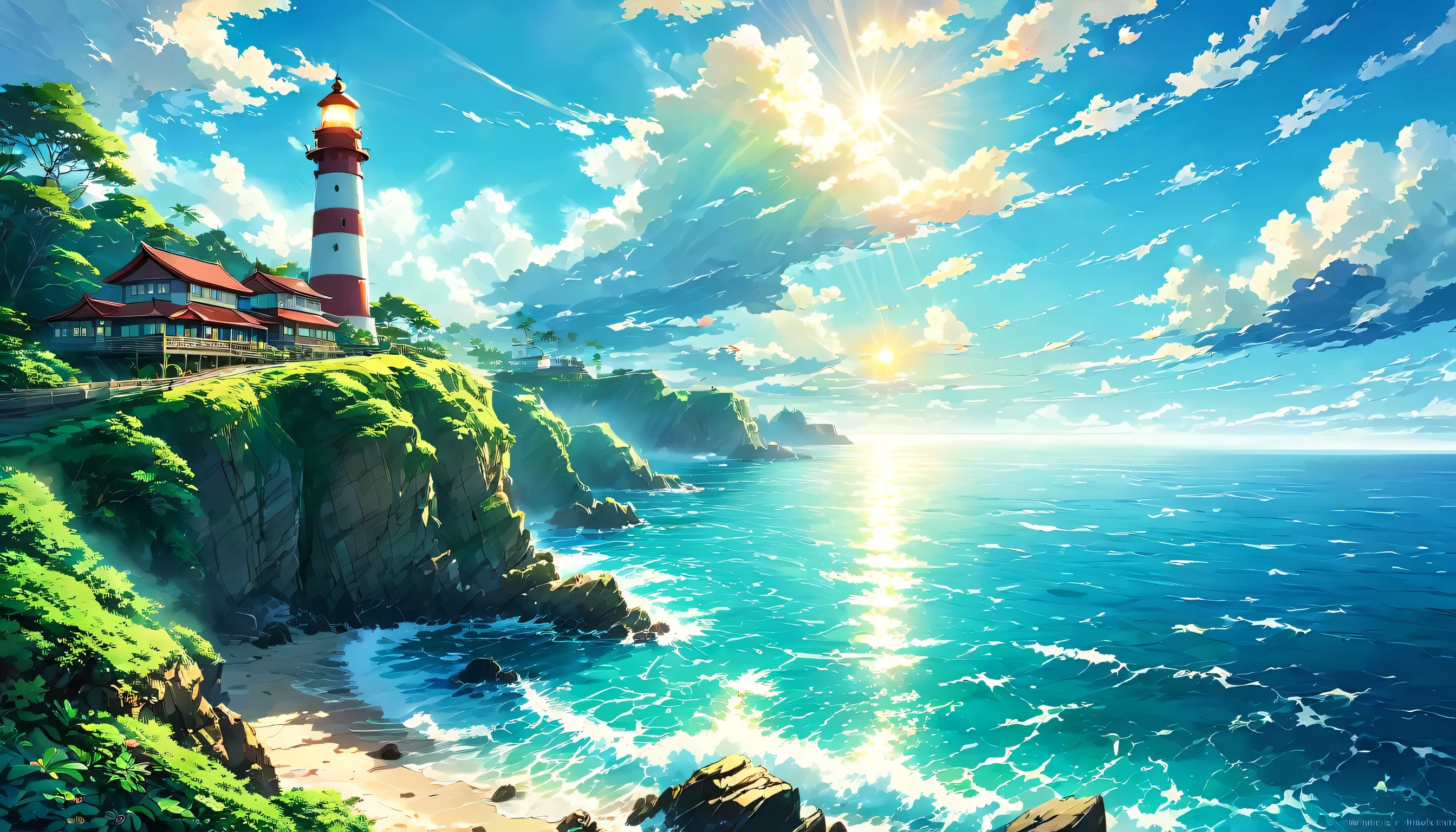 The ocean is right in front of you、Tropics、Ocean、ocean shore、cliff、Bungalow、Resort、turquoise blue、Emerald green、sunshine、water surface、rock、cloud、blue sky、buzzer、Paradise、beautiful、vivid、nature、trip、vacations、beautiful Anime Scenery, Landscape painting, Lighthouse, Beautiful digital painting, andreas rocha, Beautiful artwork illustration, Awesome Wallpapers, Raymond Han, tall beautiful painting, Studio Greebly New Ocean Makoto, Beautiful Wallpaper, Anime Scenery
