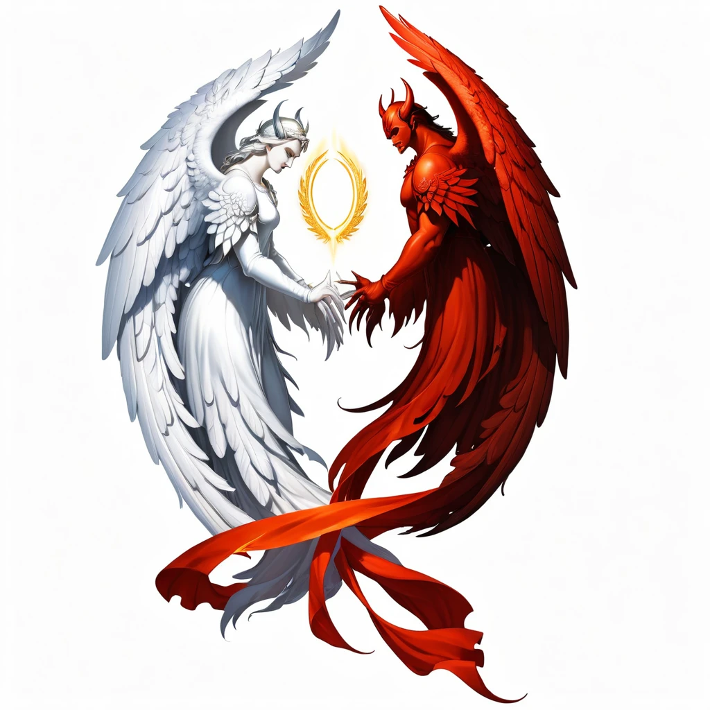 ((best quality)), ((masterpiece)), (detailed), 2d illustration of one white angel wing with a halo on it and one one demon wing with a devilish tale. No background