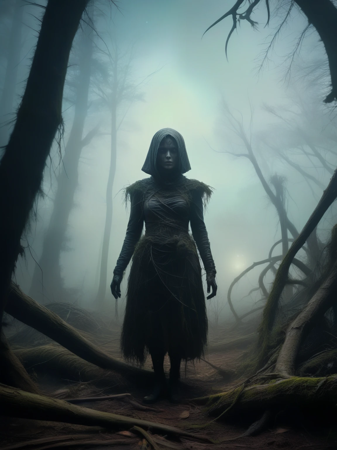 young graphite witch's mummy made of dead plants crawling out foggy Louisiana forest, radioactive atmosphere,steampunk dark horror fantasy, ominous landscapes,large number of stars fly towards the viewer,radioactive world,ruined theme,lots of toxic dust,full body length shot,once pretty face,full body length, eerie atmosphere, ethereal presence,  toxic mists, supernatural entities, sinister aura, dark and twisted branches, macabre elements, eerie and ominous lighting，Complicated detail,captivating creation,intricate details,extremely detailed,masterpiece,intricate details,dark cooper eyes extremely detailed, high detailed eyes,32k resolution, Nikon Z9,like Stone Forest in Yunnan Province of China,Simon Stalenhag,Nicola Samori,Wangechi Mutu, horror movie, cinematic look, creepy aesthetic, ultra detailed, photorealistic, masterpiece.