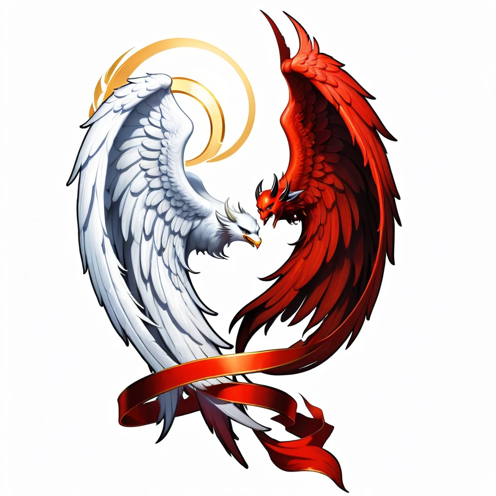 ((best quality)), ((masterpiece)), (detailed), 2d illustration of one white angel wing with a halo on it and one one demon wing with a devilish tale. No background 