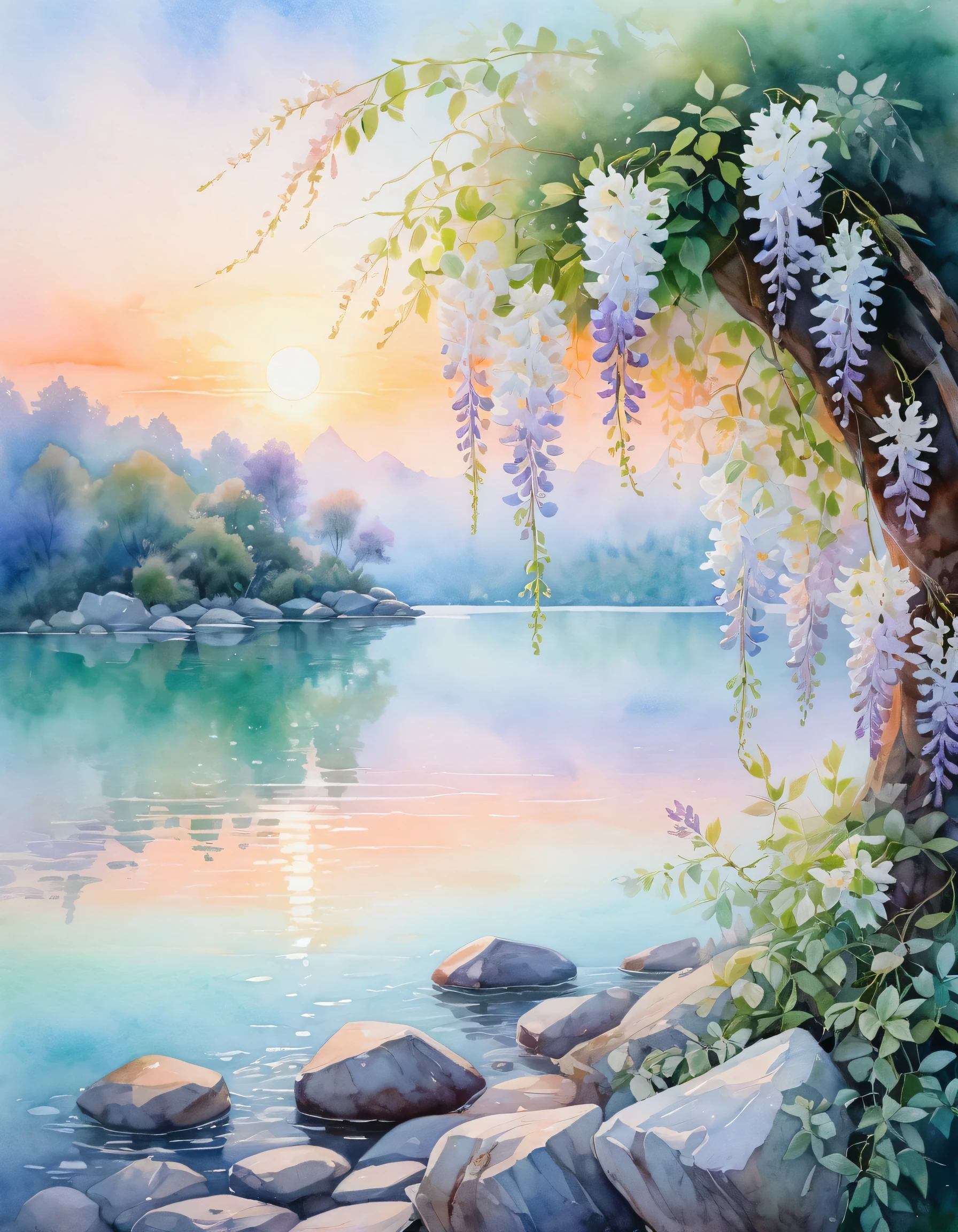 delicate white blooming wisteria on the shore, mint lake with waves, white granite stones, Pastel shades, peach sunset, fog, Stepan Kolesnikov, watercolor, glow