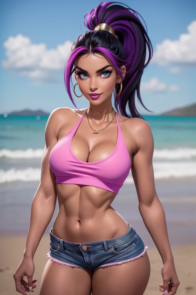 beautiful, 26 year old girl, slim body, (black hair [purple highlights]), blue eyes, pink lipstick, mascara, blush, beautiful eyebrows, white crop top hoodie, soft skin, gold necklace, ponytail, short shorts, smirk, on the beach, (full body shot), looking back at the viewer