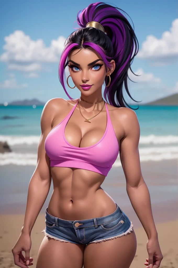 beautiful, 26 year old girl, slim body, (black hair [purple highlights]), blue eyes, pink lipstick, mascara, blush, beautiful eyebrows, white crop top hoodie, soft skin, gold necklace, ponytail, short shorts, smirk, on the beach, (full body shot), looking back at the viewer